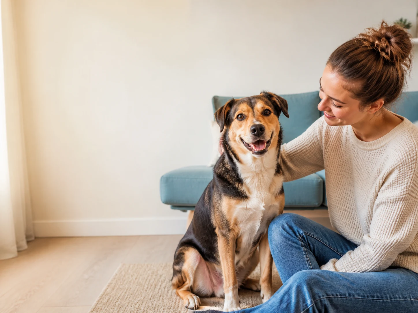 A relaxed dog and owner sharing a calm moment at home