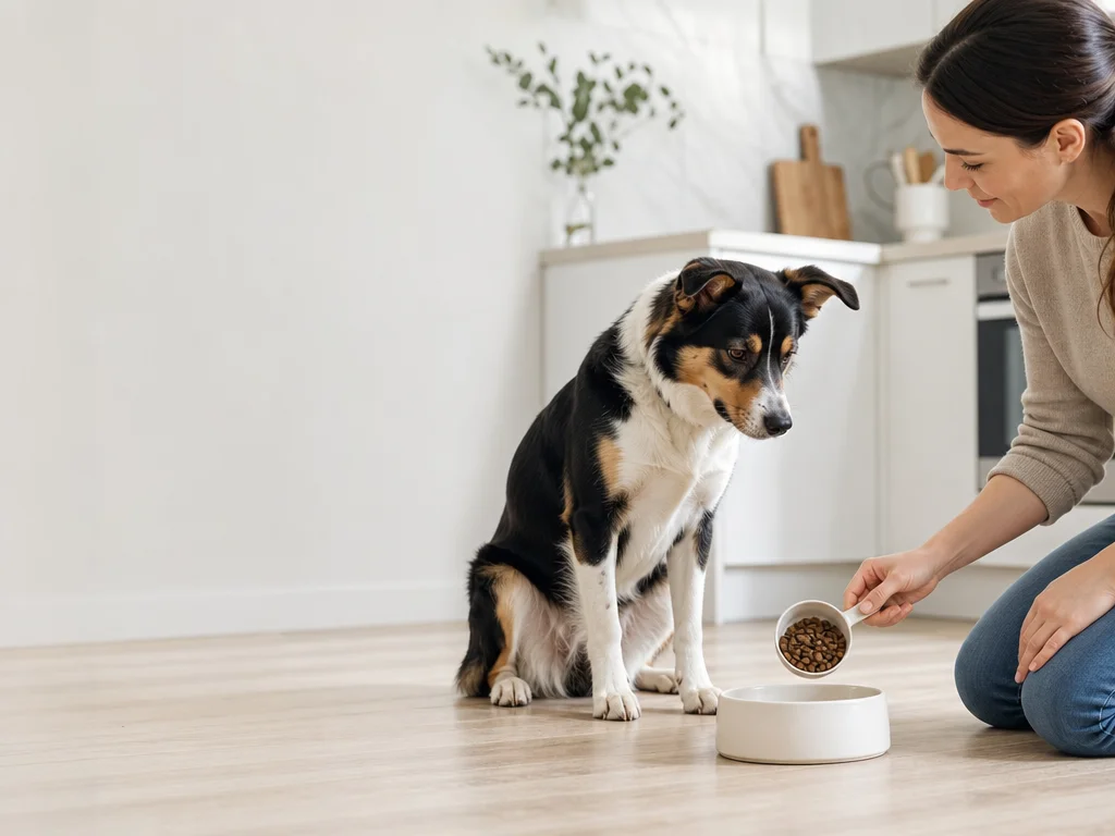 A healthy adult dog beside an unbranded bowl as a caregiver measures a small food portion