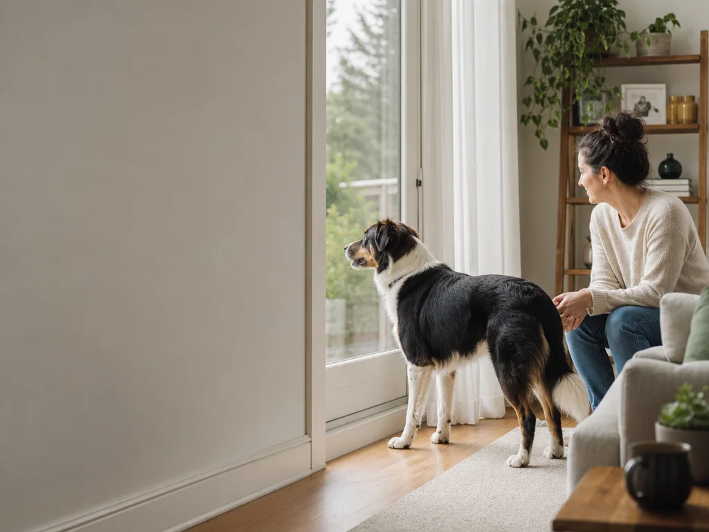An alert relaxed dog looking toward a window while a caregiver stays calm nearby