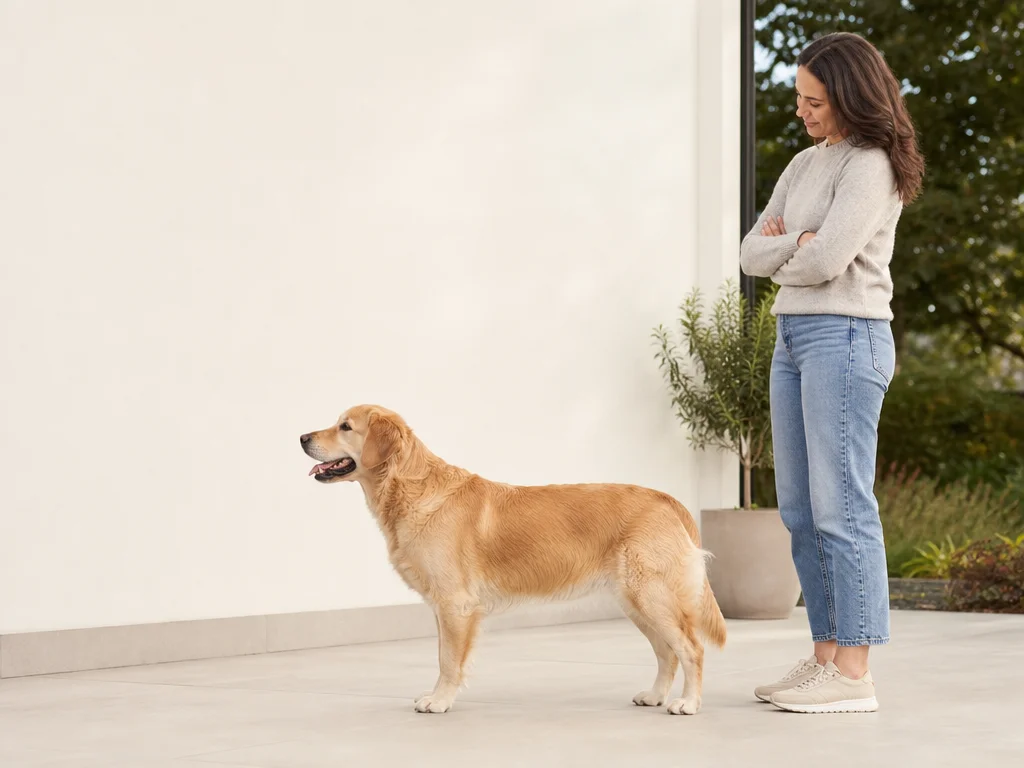 An adult dog standing naturally in side profile while a caregiver observes respectfully