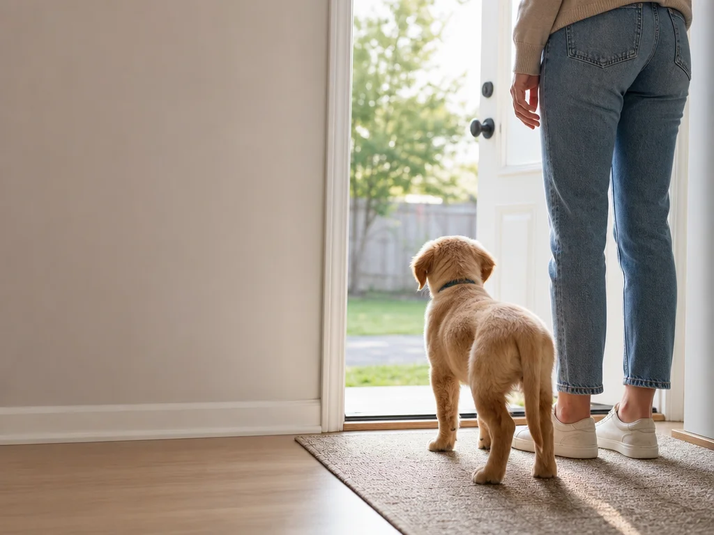 A calm young puppy waiting with a caregiver by a back door before a routine outdoor break