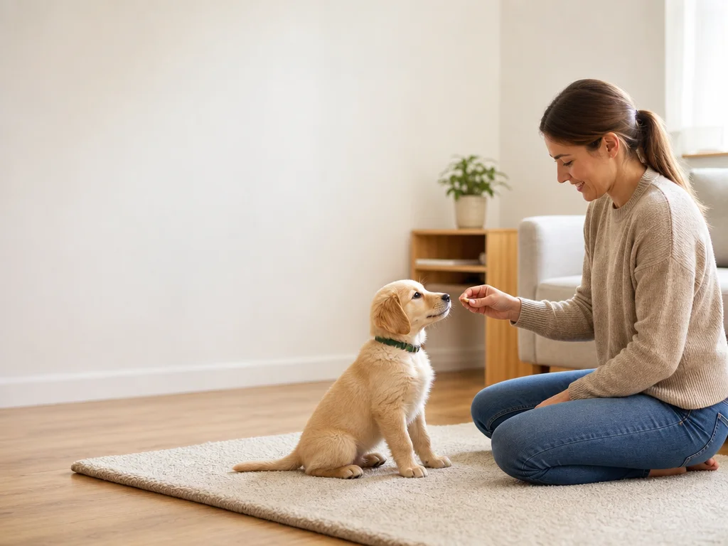 A young puppy practicing a calm reward-based cue with a seated caregiver